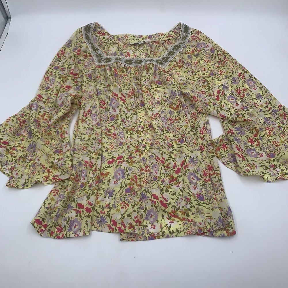 Pioneer Woman Blouse Size 3X Floral Square Neck Lace Trim Multicolor Bell Sleeve